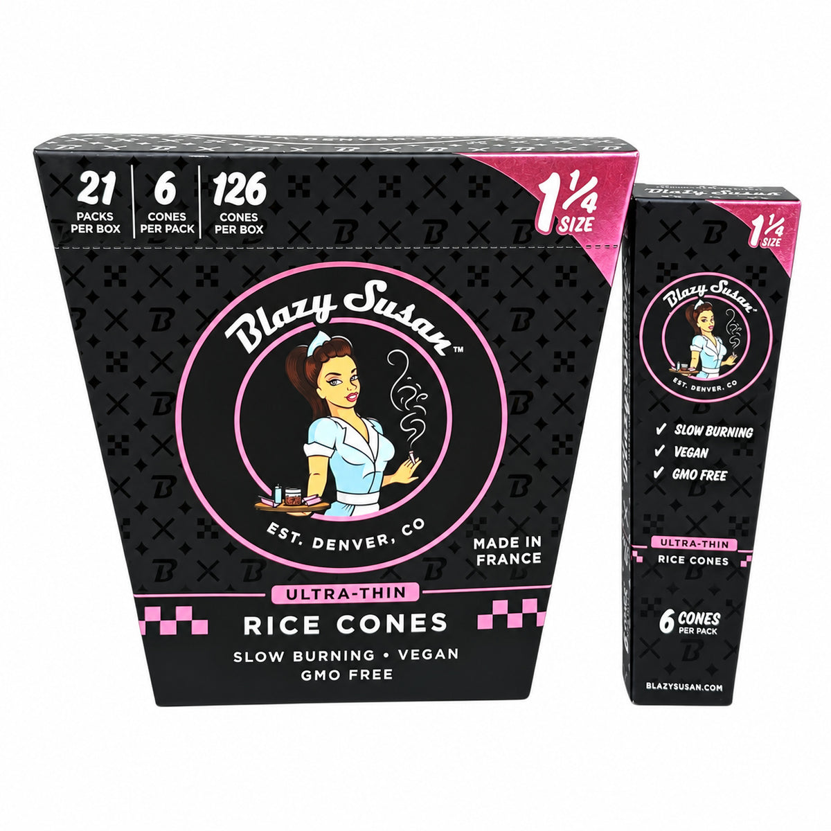 Blazy Susan Ultra Thin Rice Pre Rolled Cones 1 1/4 size 6 Cones/Pack - 21Pack/Box