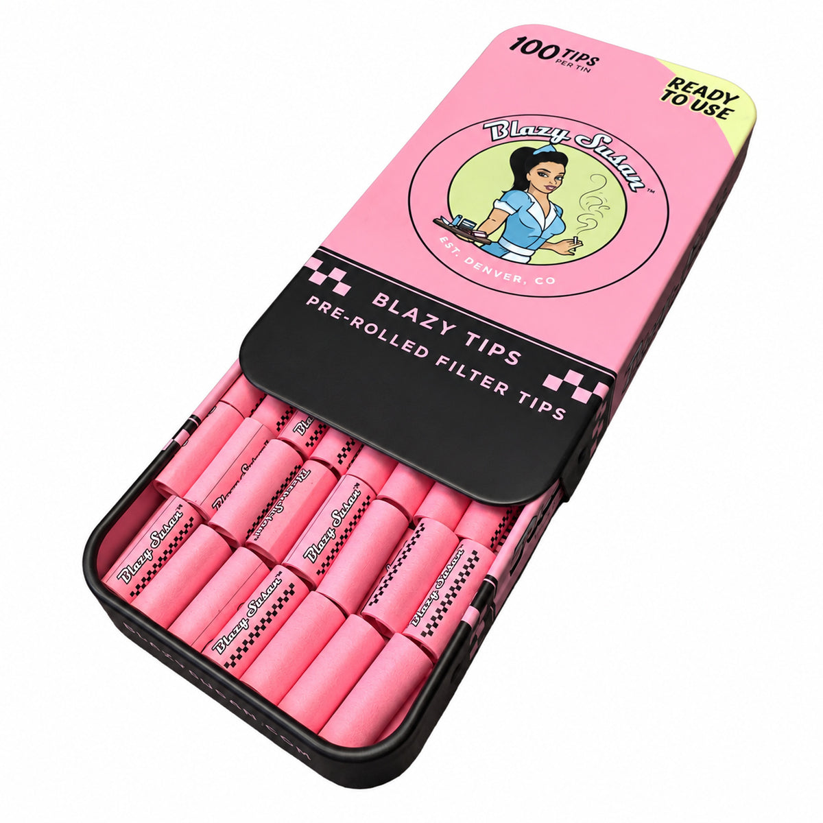 Blazy Susan Pink Tips Pre Rolled Tin 100ct I 12Pk/Dis I 18Dis/Cs