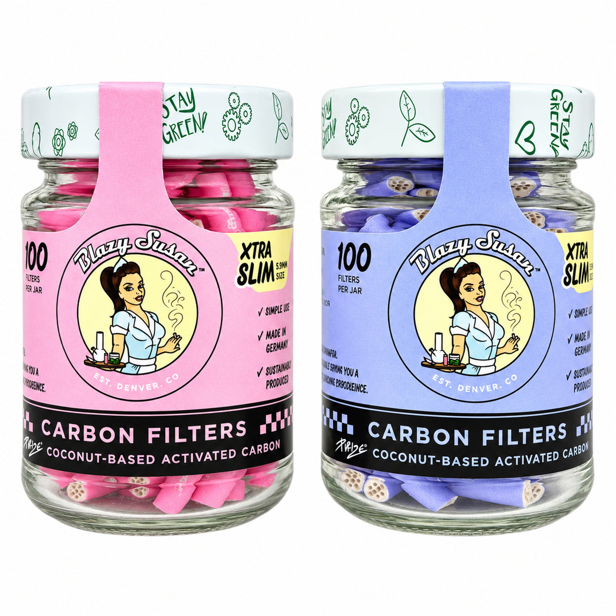 Blazy Susan Carbon Filter Tips Xtra Slim 100ct Jar |10 Jars / Display | 6 Display / Case