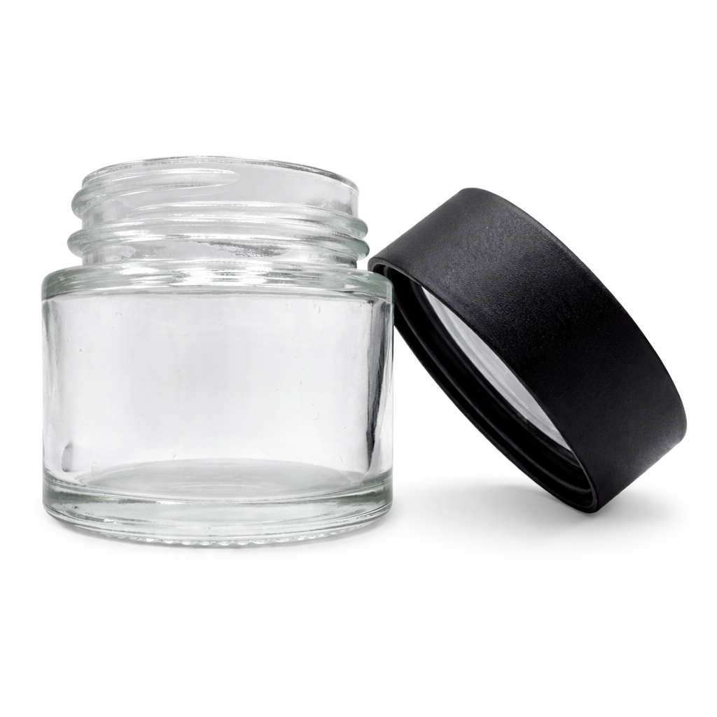 1oz Black Cap Clear Child Resistant Glass Jar
