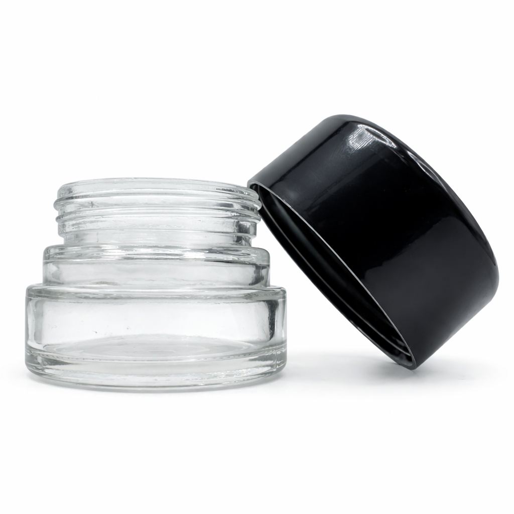 1oz Black Round Cap Clear Child Resistant Glass Jar