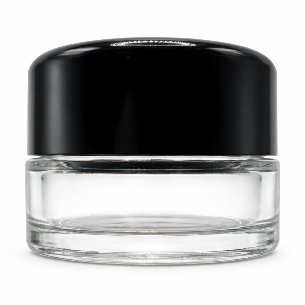 1oz Black Round Cap Clear Child Resistant Glass Jar