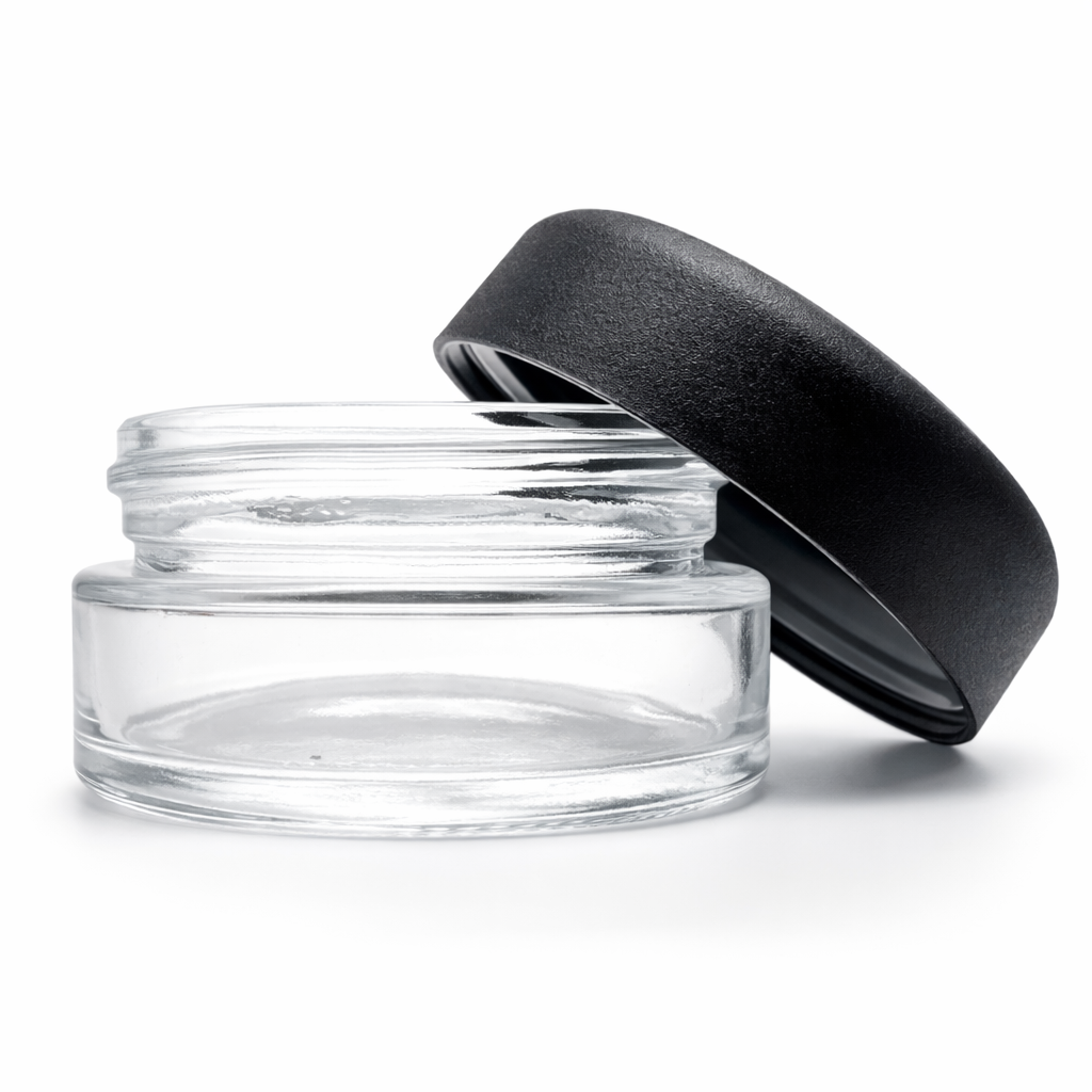 1oz Matte Black Round Cap Clear Child Resistant Glass Jar
