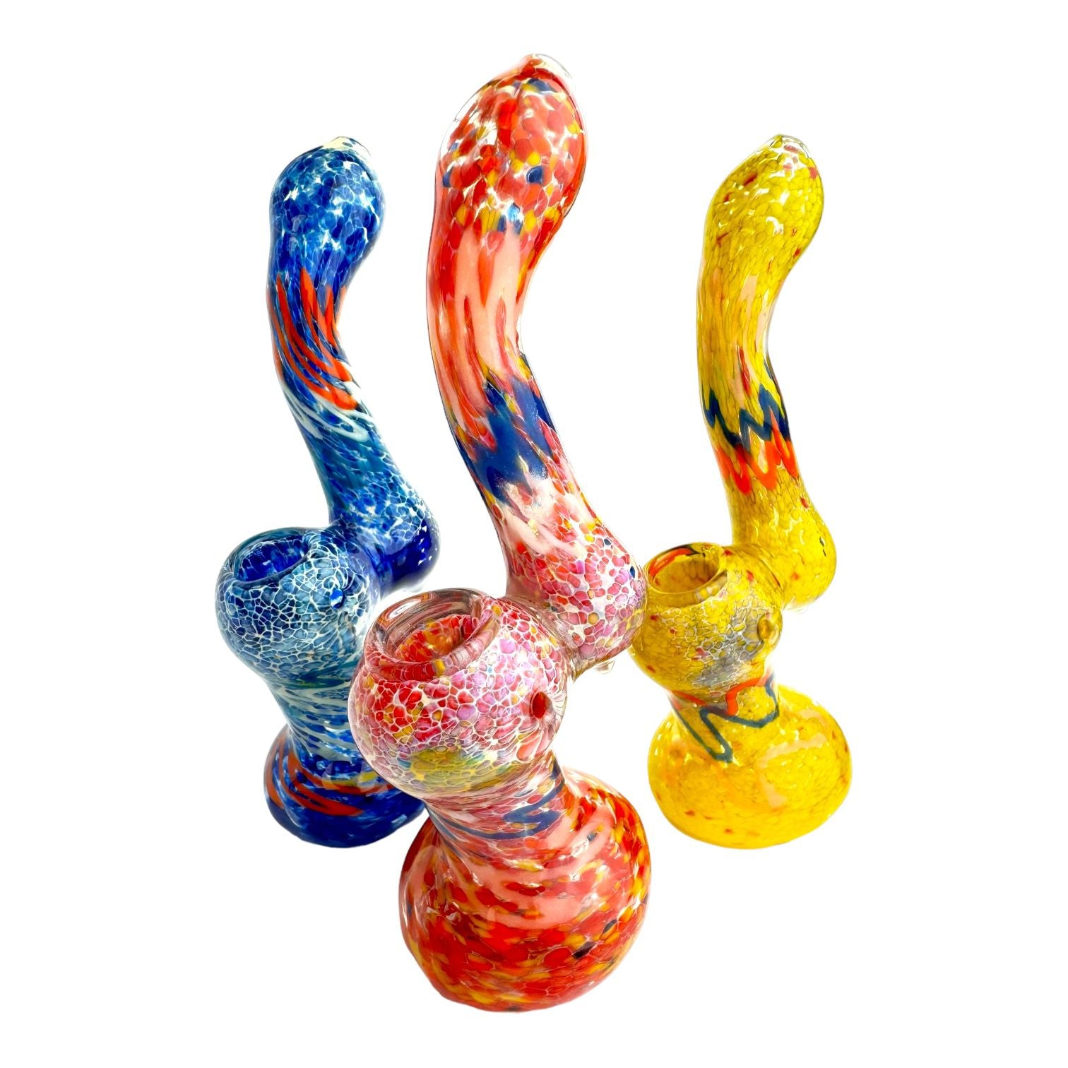 7" Colored Frit Flat Mouth Bubbler Glass Hand Pipe - Assorted Colors