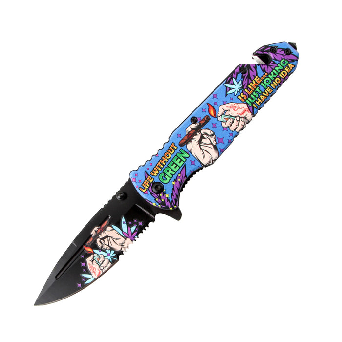 Big Buds Colored Handle Spring Assisted Folding Knife W/ Belt Cutter