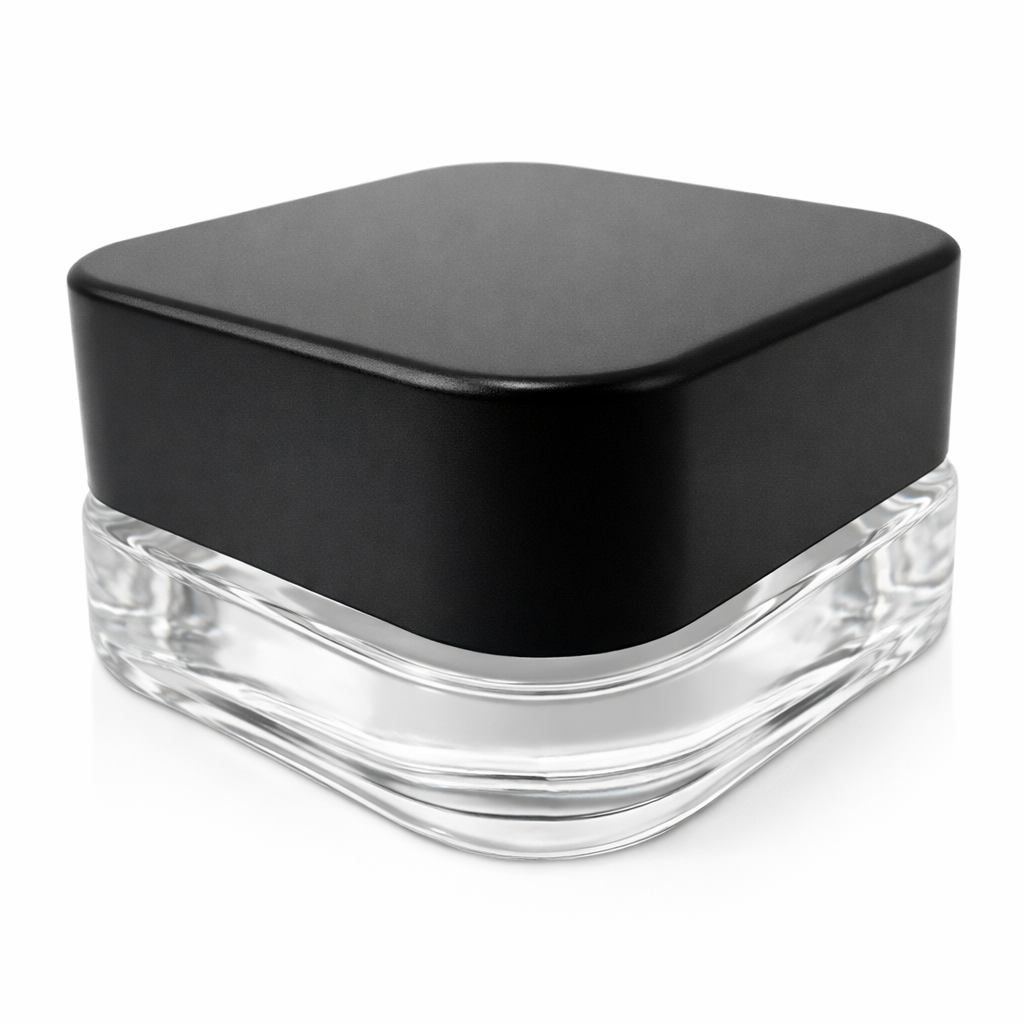 9ml Cube (Qube) Child Resistant Clear Glass Jar with Black Cap - Dual Compartments