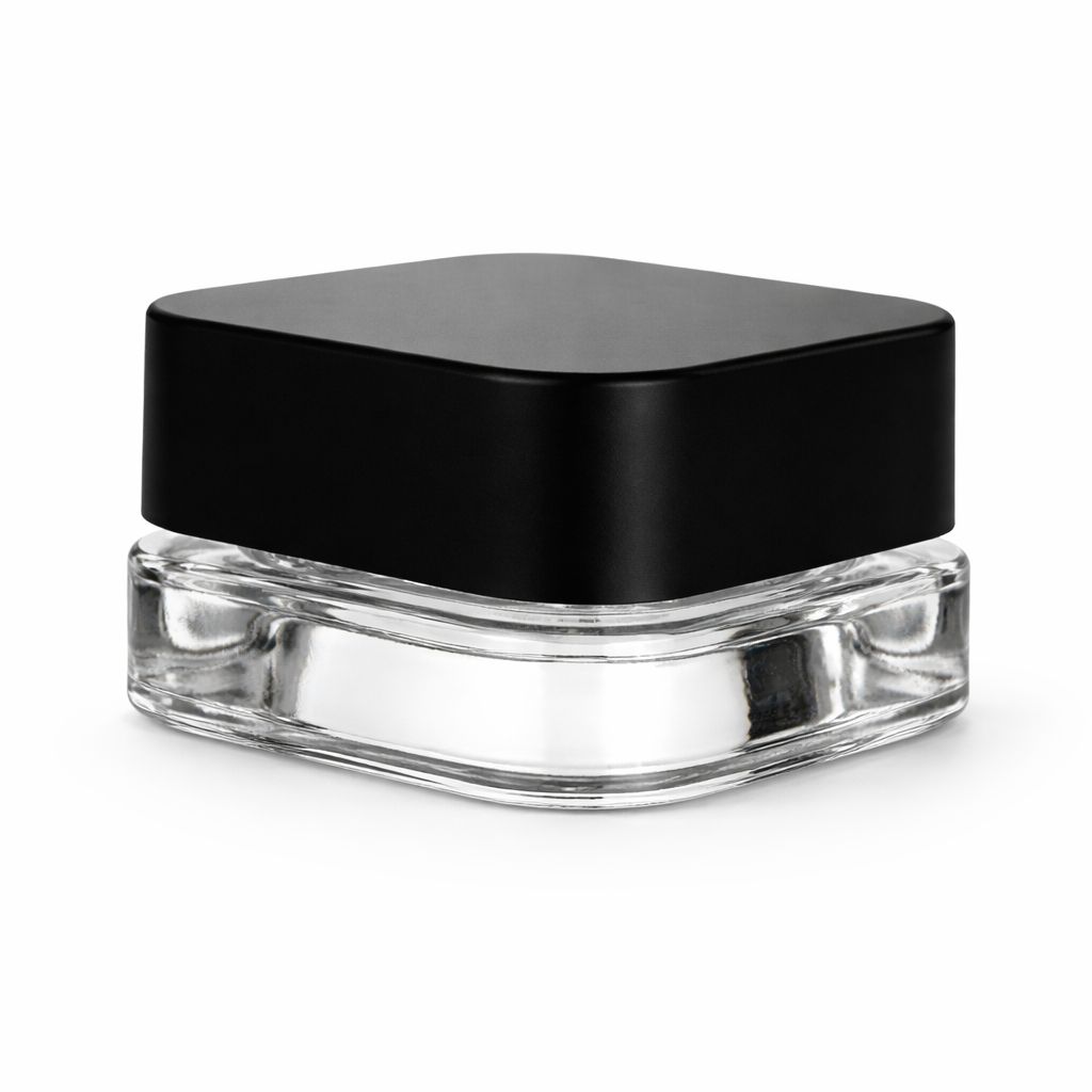9ml Cube (Qube) Child Resistant Clear Glass Jar with Black Cap