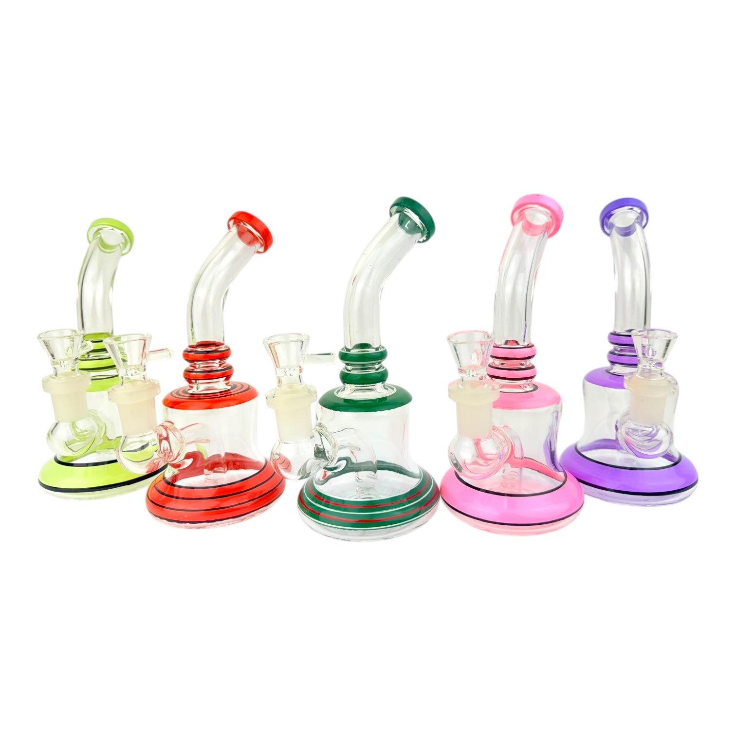7” Color Rings Bent Neck Glass Water Pipe (Assorted Colors)