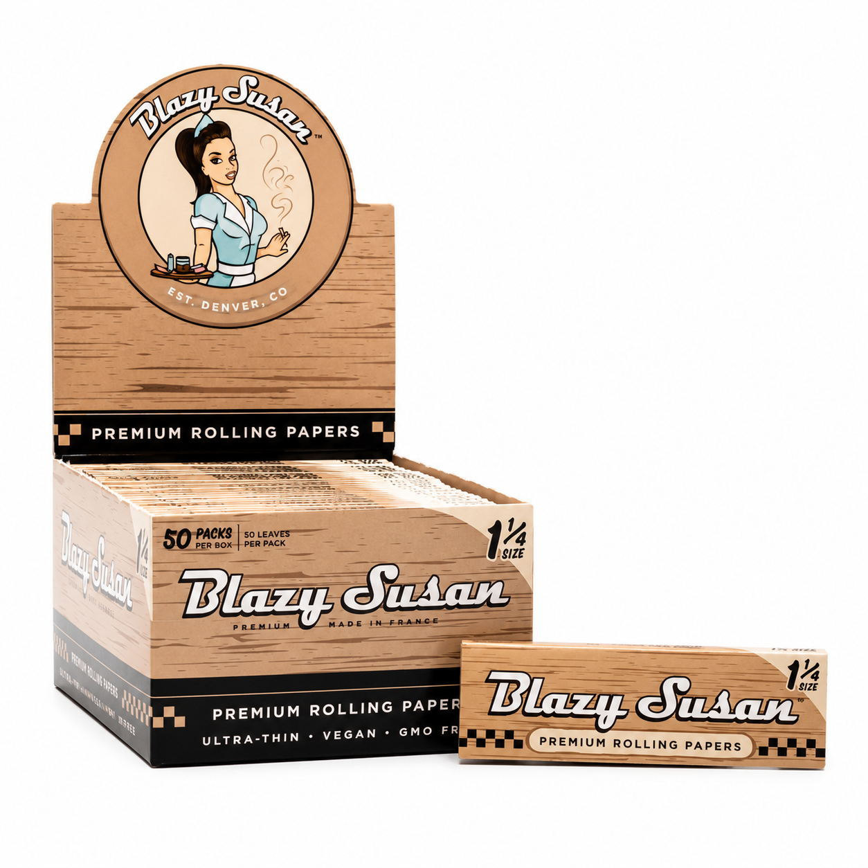 Blazy Susan Unbleached 1 1/4" Size Rolling Papers - 50 Packs Per Display