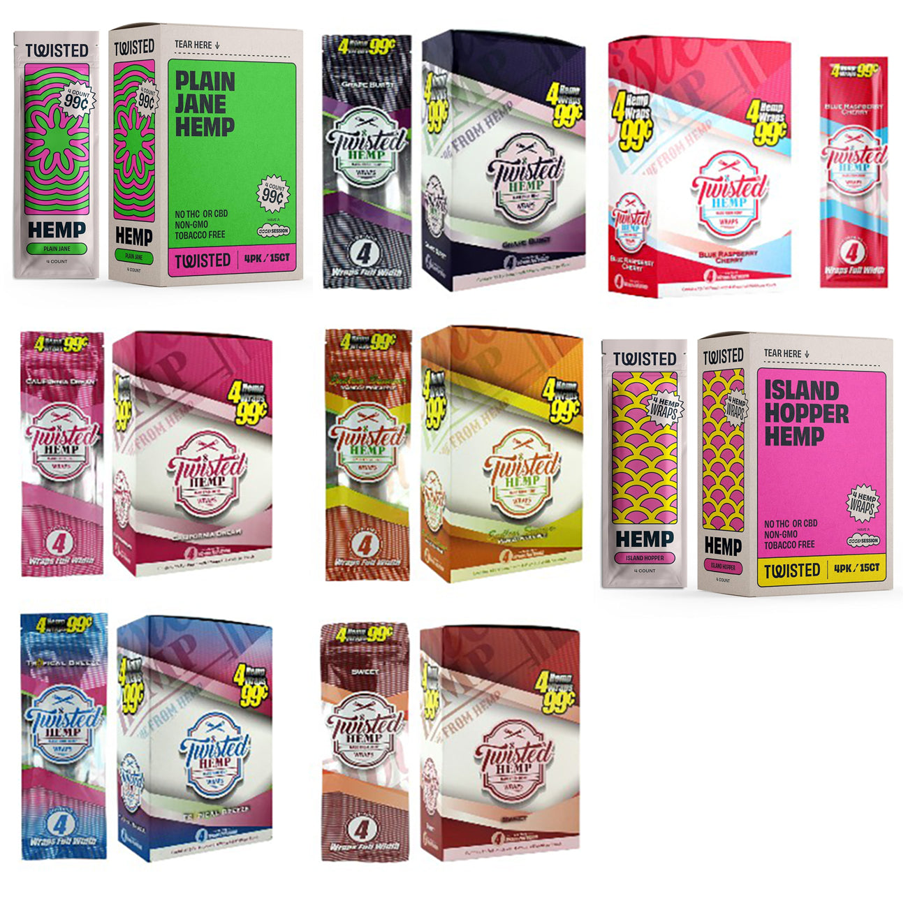 Twisted Hemp Wraps (4 Wraps per Pack / 15 Packs Per Display)