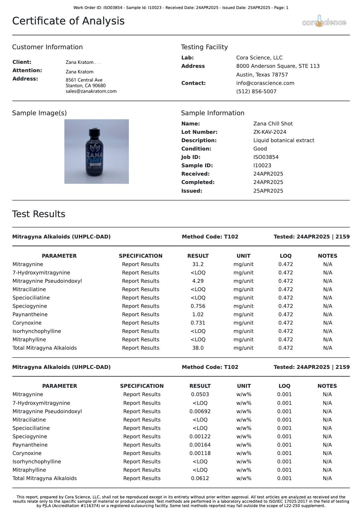 Zana Chill Kratom + Kava Liquid Shots