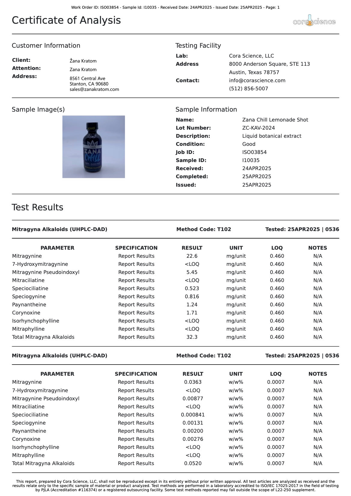 Zana Chill Kratom + Kava Lemonade Liquid Shots 2.0floz / 60ml- 12pcs/Display | 8Dis/Case