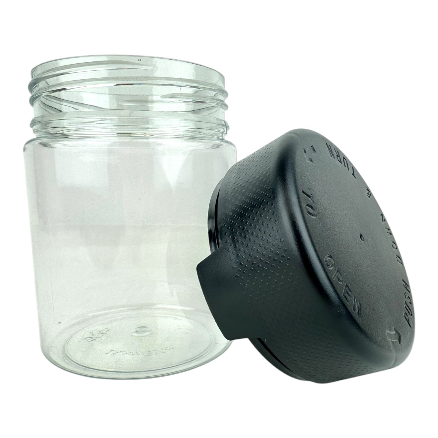 18.5oz Cubby Gorrila Matte Black Round Cap Clear Child Resistant Plastic Jar