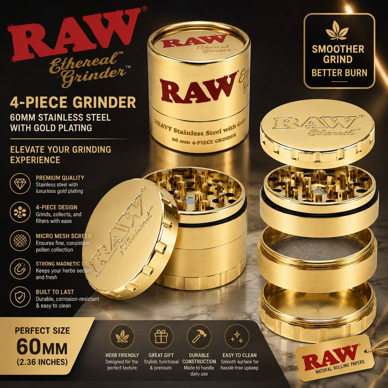 RAW Ethereal 60mm 4Pc Grinder I Stainless Steal Gold Plating