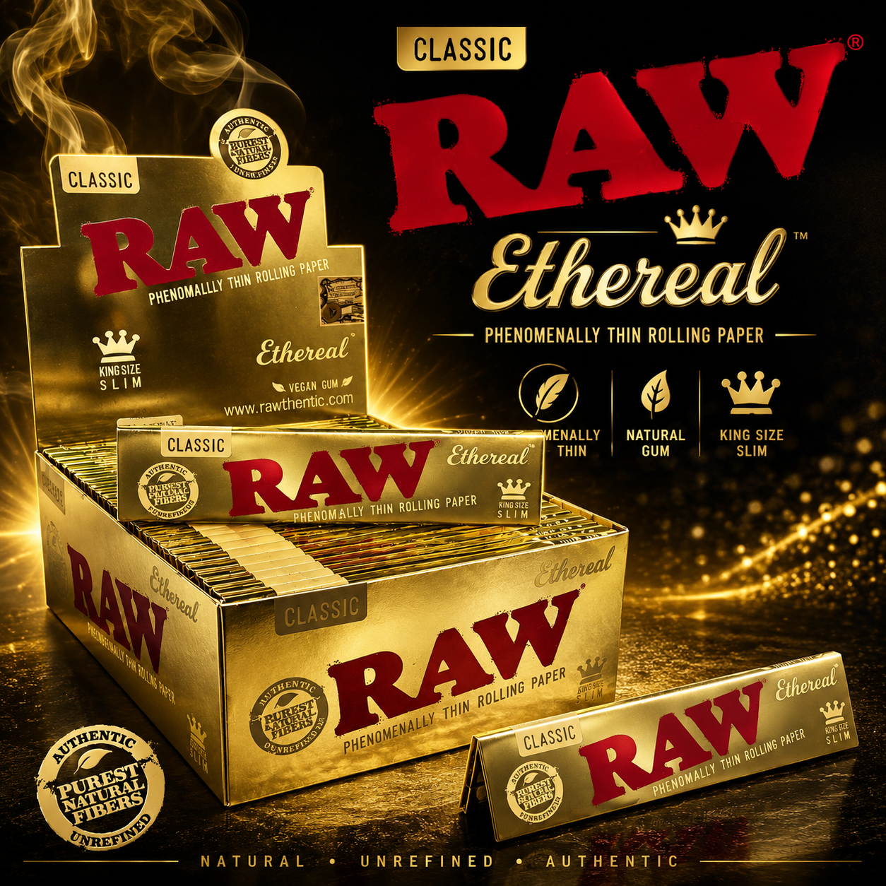 Raw Ethereal King Slim Rolling Paper | 32 Leaves/Pack | 50 Pack/Box