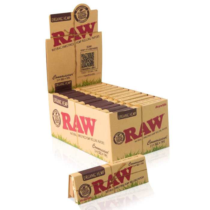 Raw Organic Hemp Connoisseur 1 1/4" Size Rolling Paper with Tips  (50 Sheets + Tips Per Pack / 24 Pack Display)