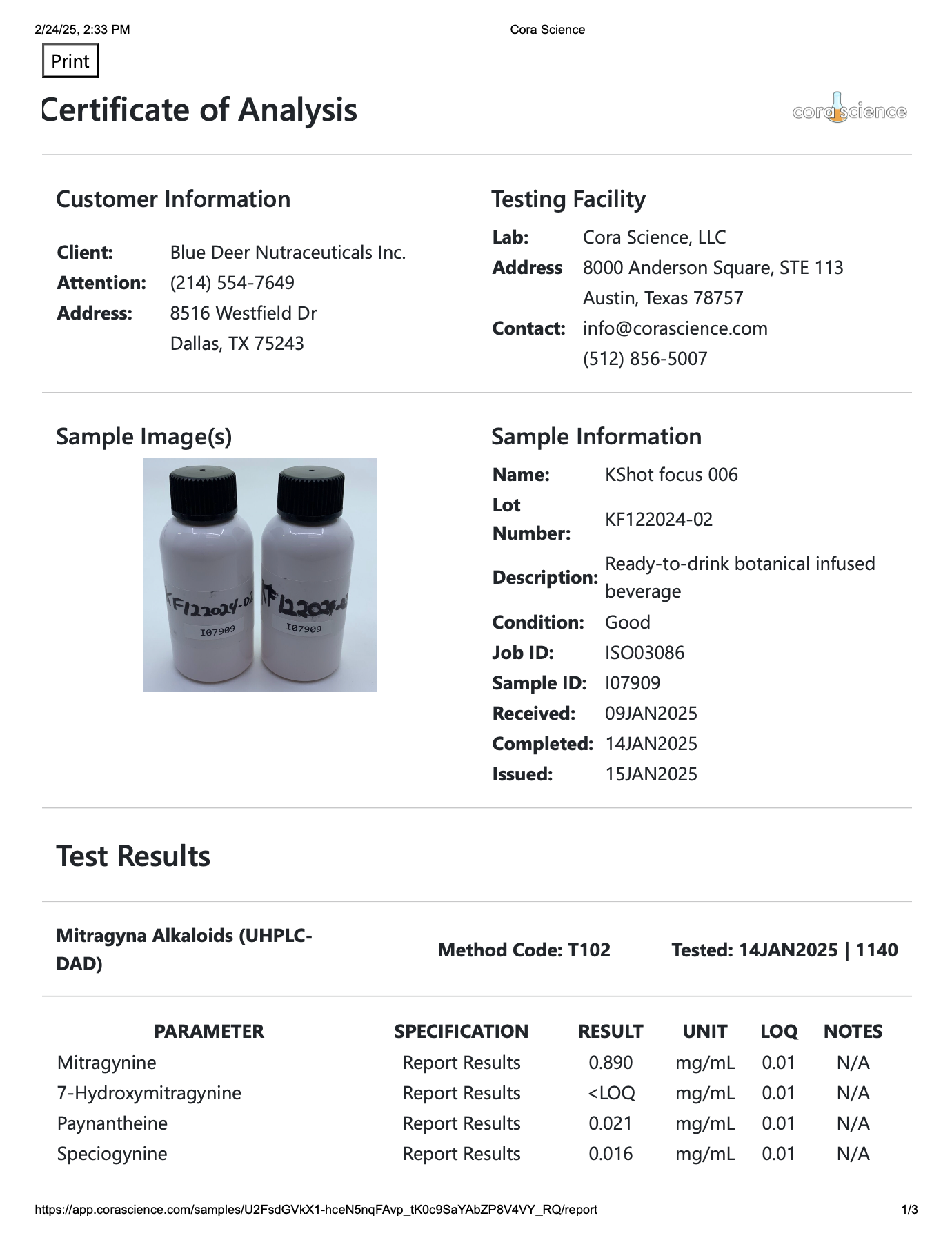 K Shot Bliss 60ml Kratom + Cordyceps Liquid Shot - 12pc Display