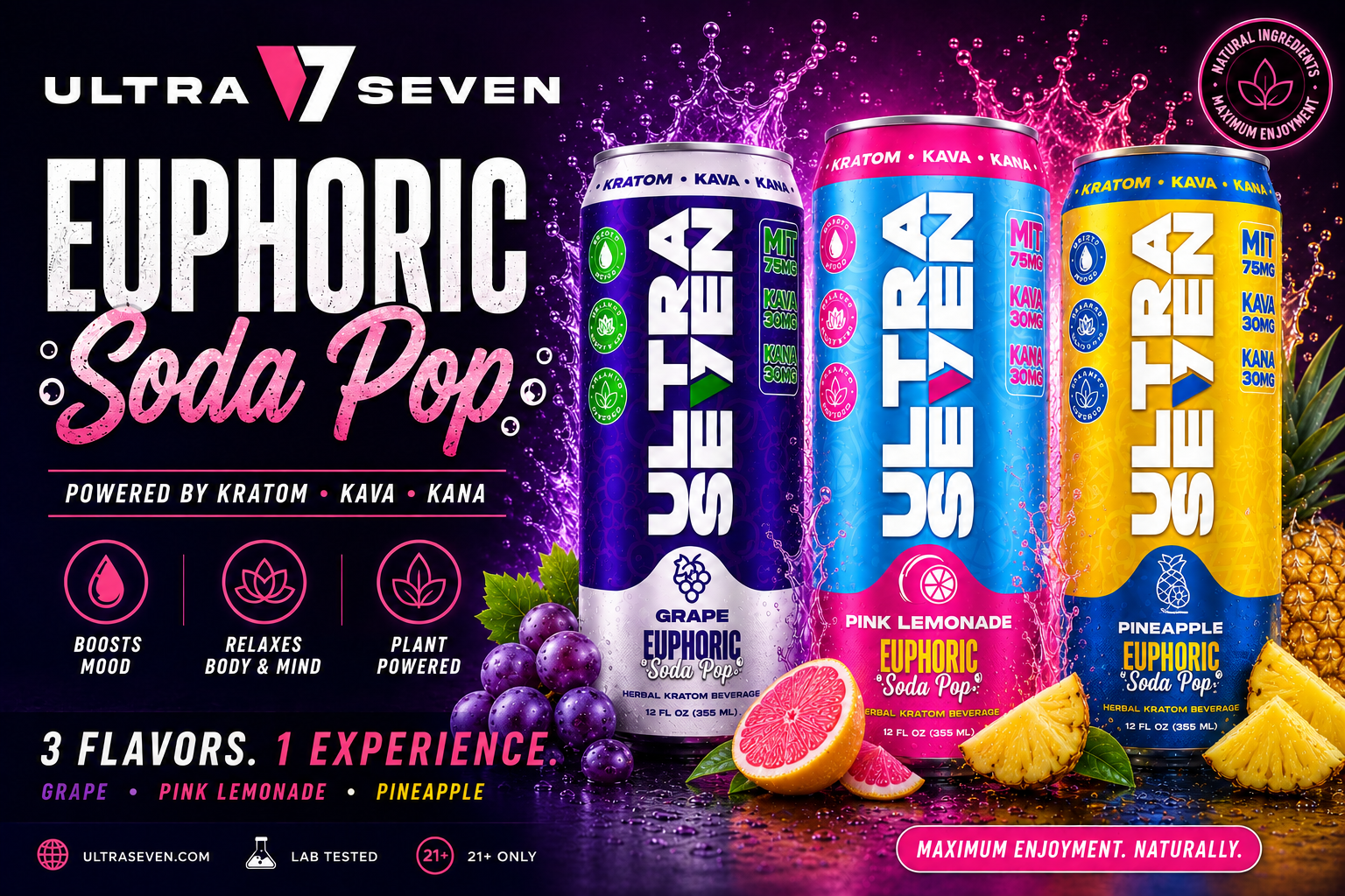 Ultra 7Seven Kratom Drink 75mg MIT- 30mg Kava- 30mg Kanna 12fl oz. 12 Can