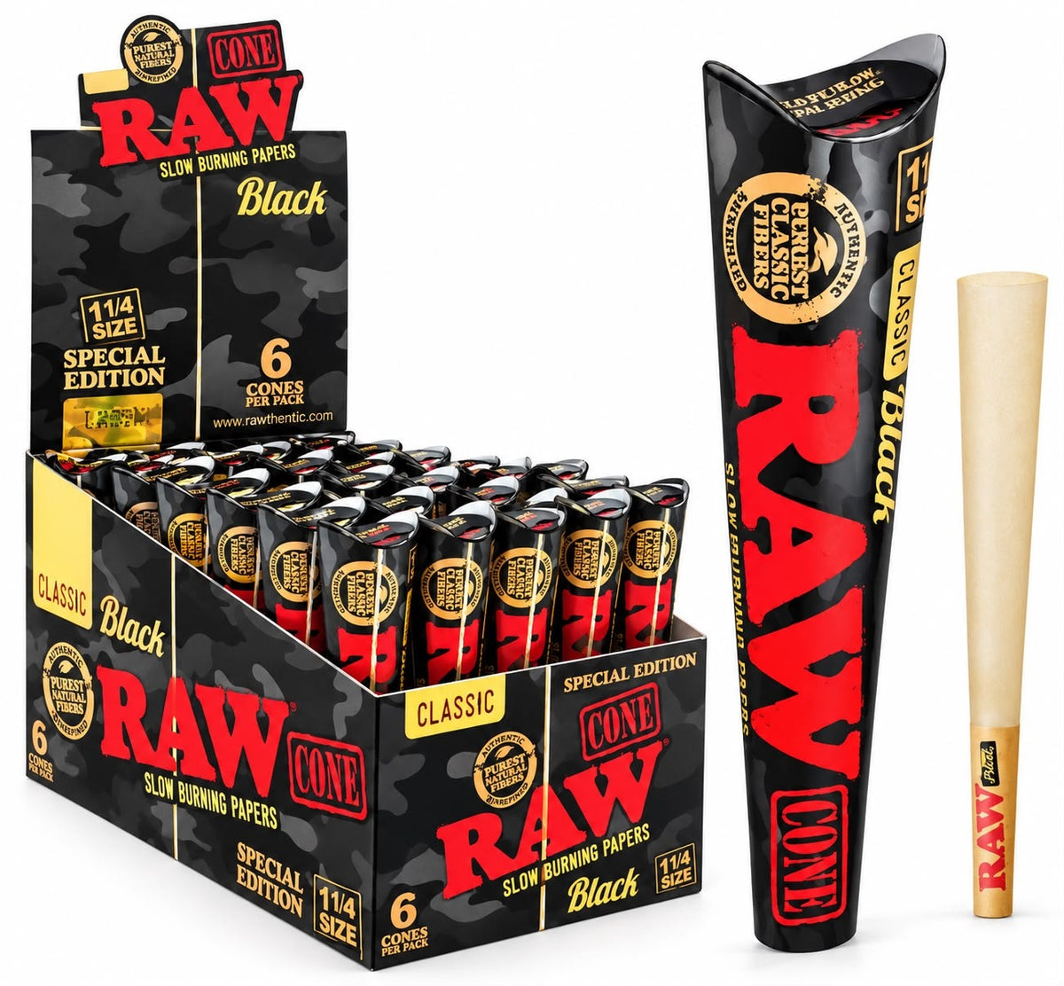 Raw LTD Edition Black Camo Cones 11/4 Cone 6ct I 32pks/dis I 24Dis