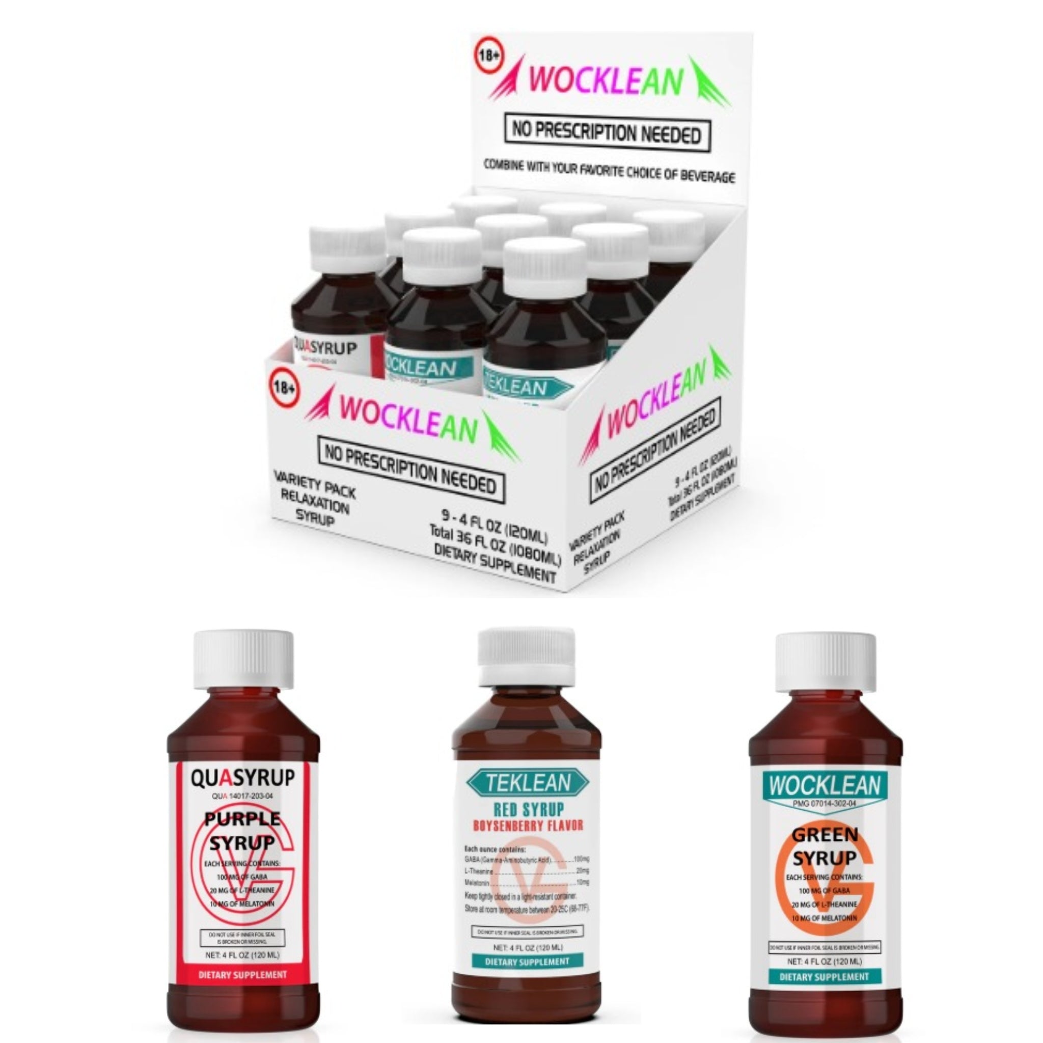 Wock Lean Syrup Assorted Pack 4oz - 9pc Display | Quasyrup, Green, Red I 6 Dis/Cs