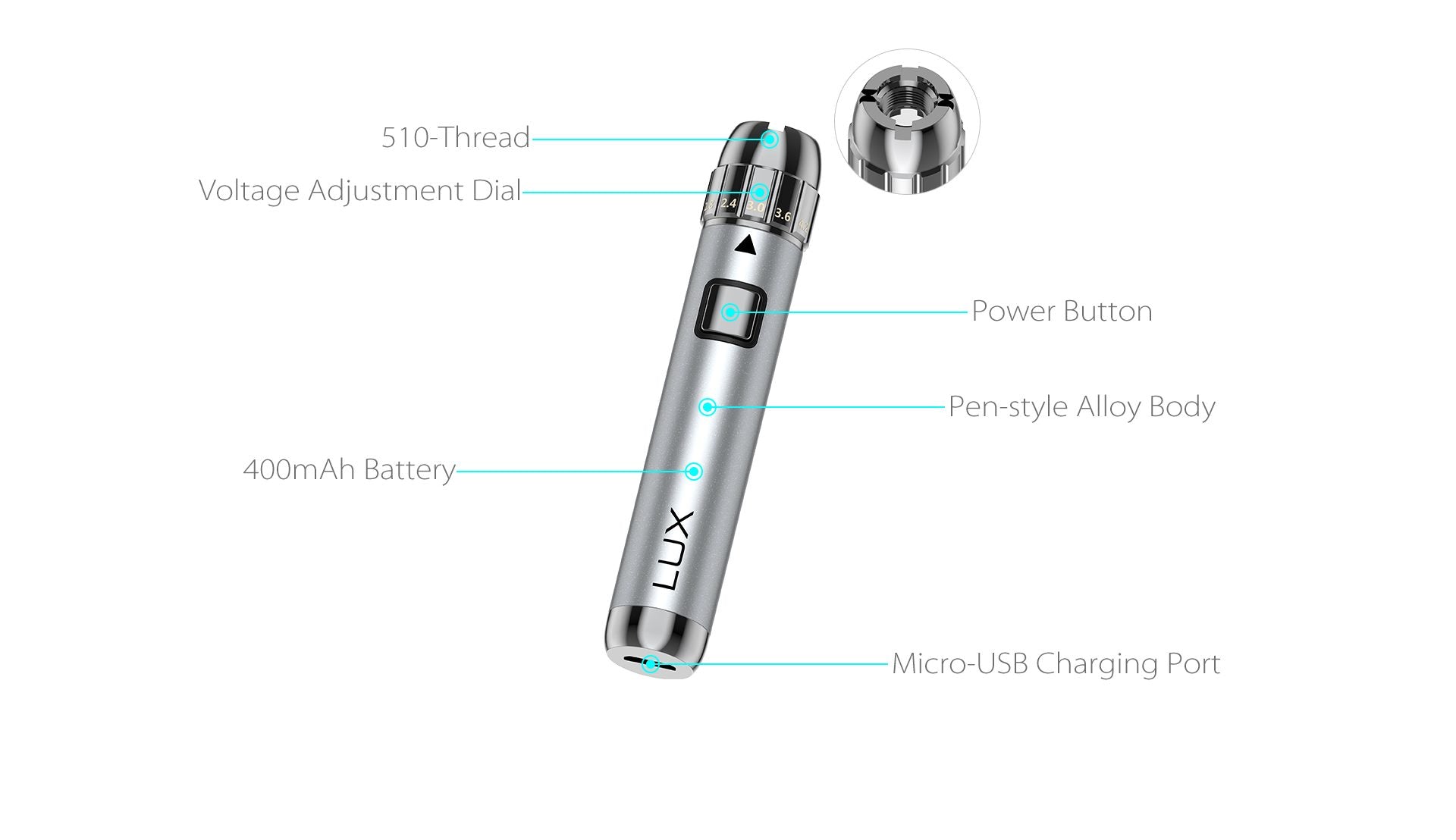 Yocan LUX 510 Threaded Vape Pen Battery - 20pcs Per Display