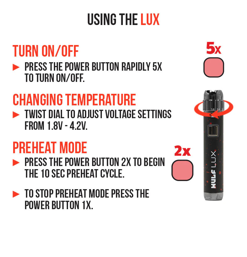 Wulf Mods LUX Cartridge Vaporizer 510 Battery (9pcs Display)
