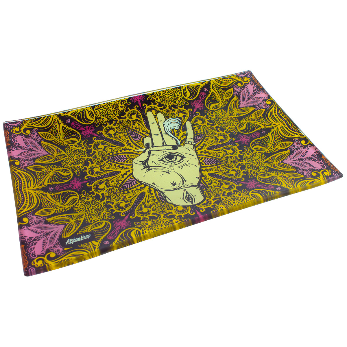 Afghan Hemp - Glass Rolling Tray - Psychedelic Eye Hand holding Joint 11" X 7"