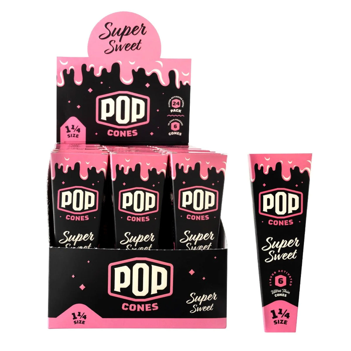 Pop Cones 1 1/4" Size Pre-Rolled Cones with Flavor Activated (6 per pack/24 Pack)