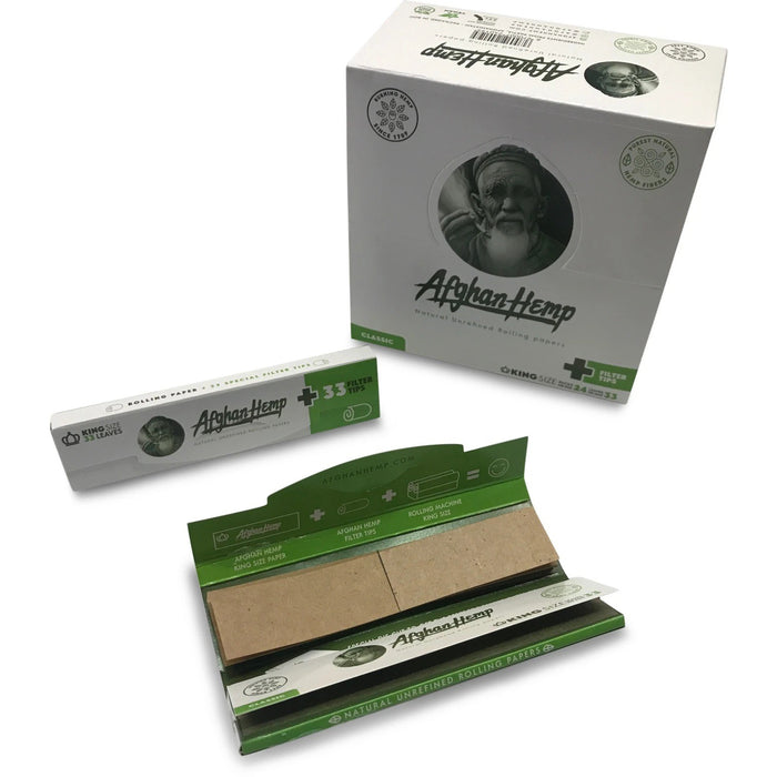 Afghan Hemp Classic King Size Rolling Paper with Filter Tips (24 Booklets per Display) (33 Leaves per Booklet)