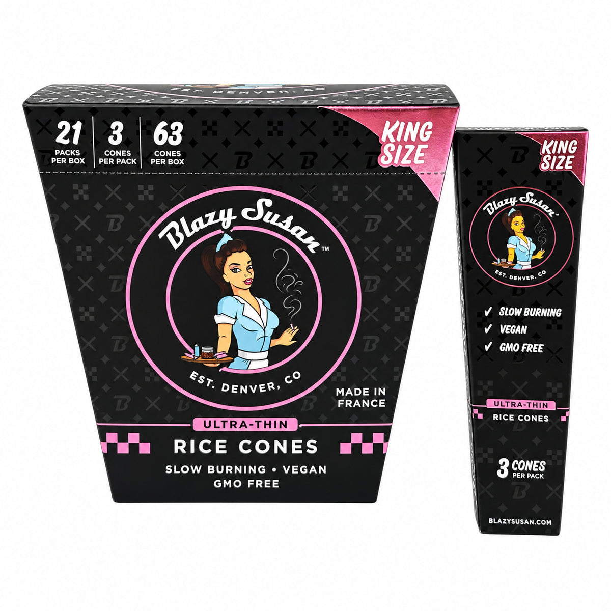 Blazy Susan Ultra Thin Rice Pre Rolled Cones King size 3 Cones/Pack - 21Pack/Box