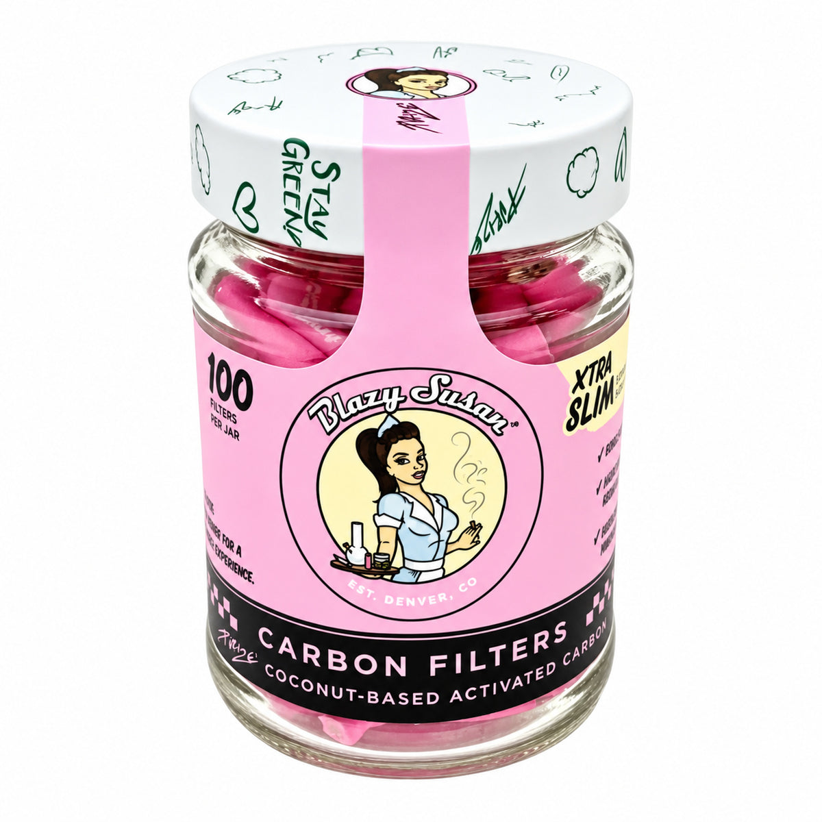 Blazy Susan Carbon Filter Tips Xtra Slim 100ct Jar  |10 Jars / Display | 6 Display / Case