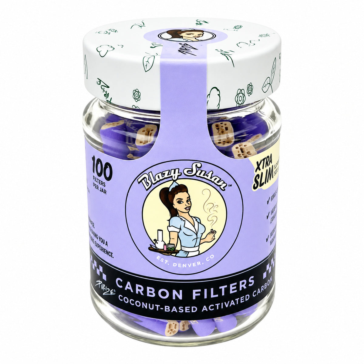 Blazy Susan Carbon Filter Tips Xtra Slim 100ct Jar  |10 Jars / Display | 6 Display / Case