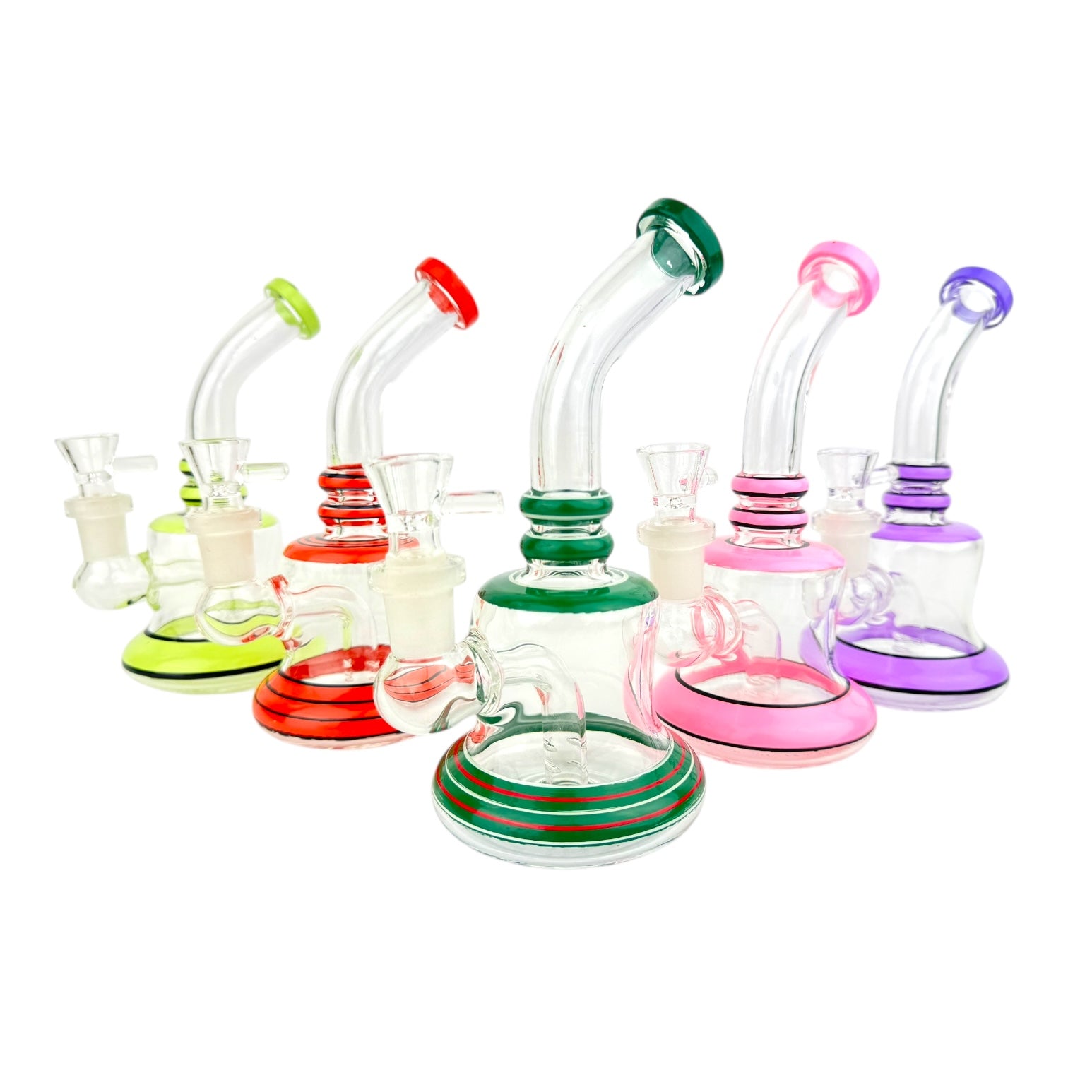 7” Color Rings Bent Neck Glass Water Pipe (Assorted Colors)