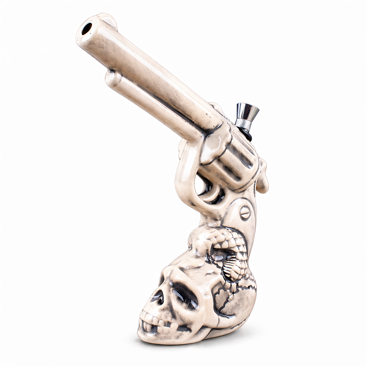 10" Ceramic Pipe I White Revolver with Skull