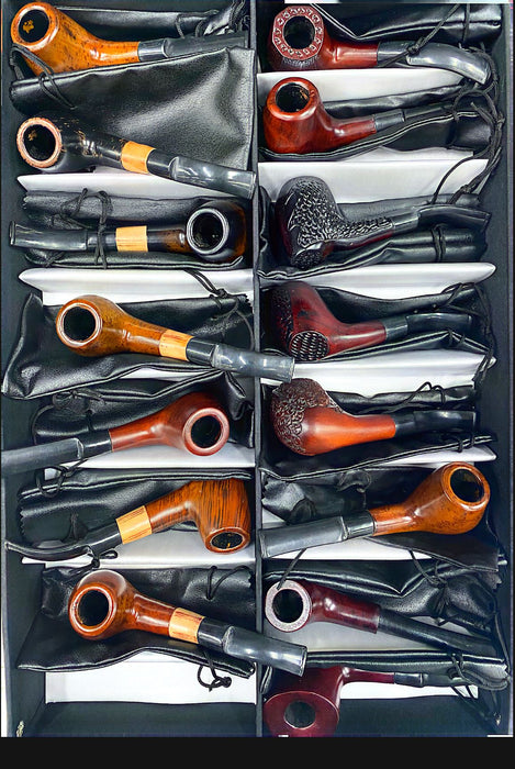 6" Grandpa Sherlock Wood Pipe with Leather Pouch (Box of 16)