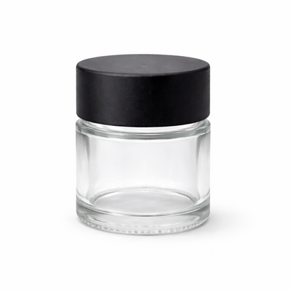 1oz Black Cap Clear Child Resistant Glass Jar