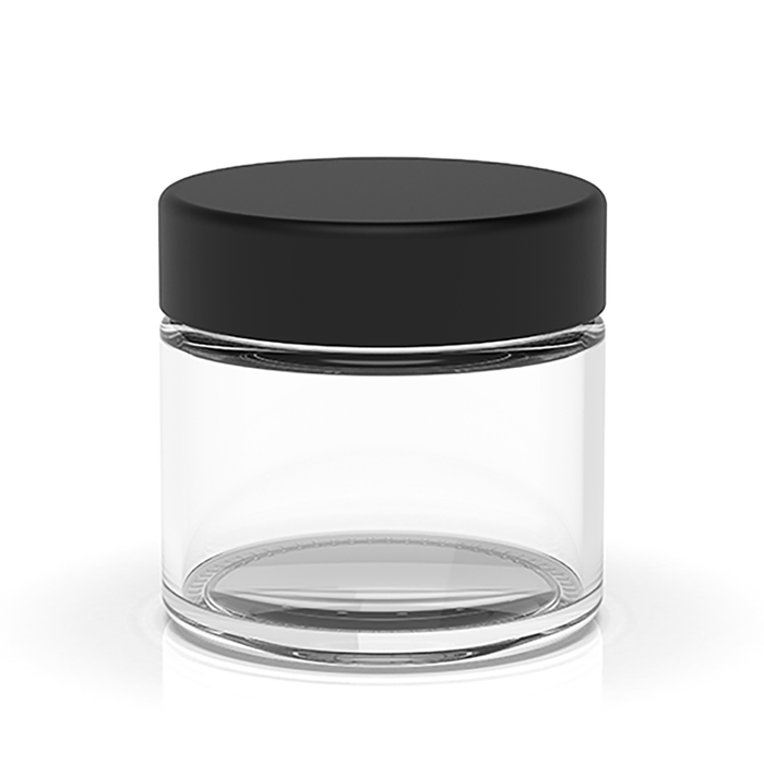 2oz Matte Black Round Cap Clear Child Resistant Glass Jar