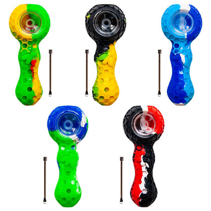 4" Honey Comb Silicone Hand Pipe with Glass Bowl, 5mL Storage and Dabber - TX260