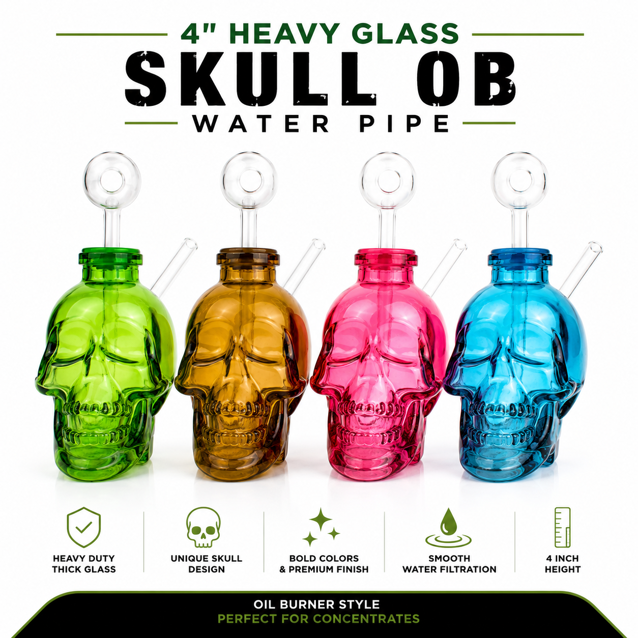 4"  Heavy Glass Skull OB Water Pipe