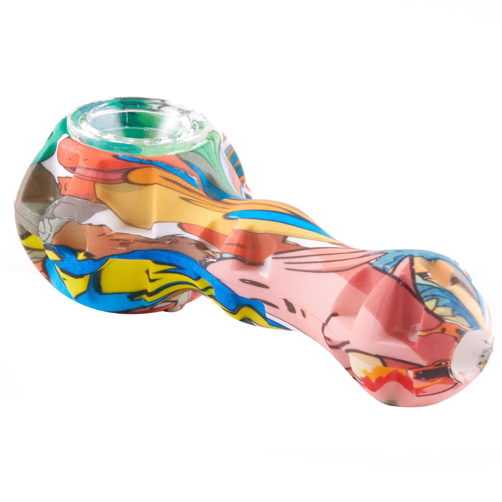 4" Printed Silicone Hand Pipe with Glass Bowl, 5mL Storage and Dabber