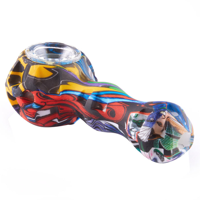 4" Printed Silicone Hand Pipe with Glass Bowl, 5mL Storage and Dabber