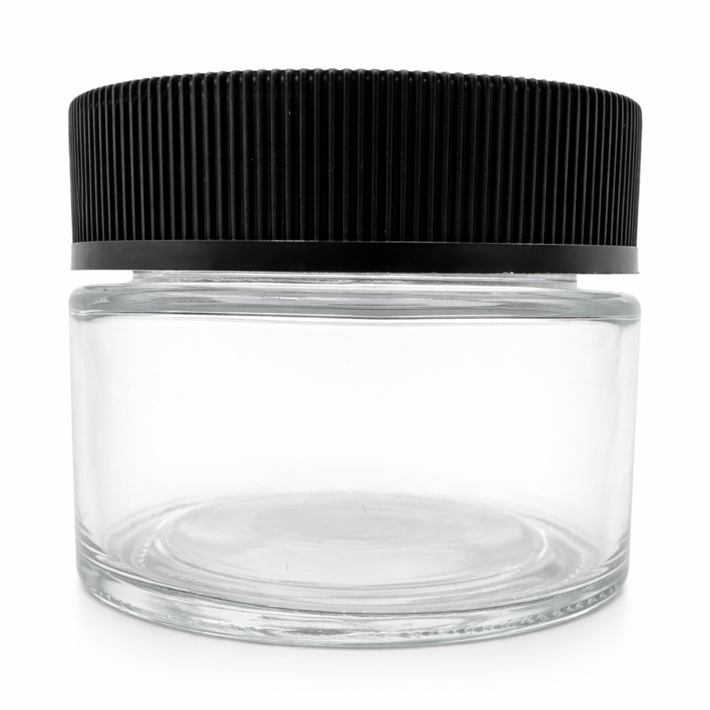 60mL (2oz.) Clear Glass Child Resistant Jar Container with Black Cap