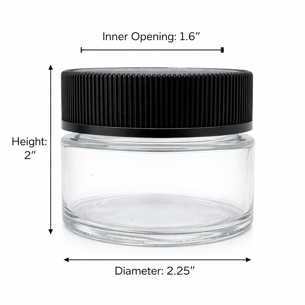 60mL (2oz.) Clear Glass Child Resistant Jar Container with Black Cap