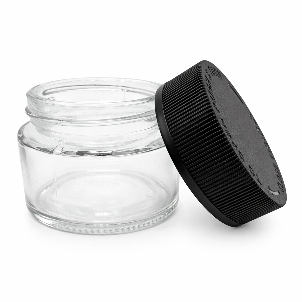 60mL (2oz.) Clear Glass Child Resistant Jar Container with Black Cap