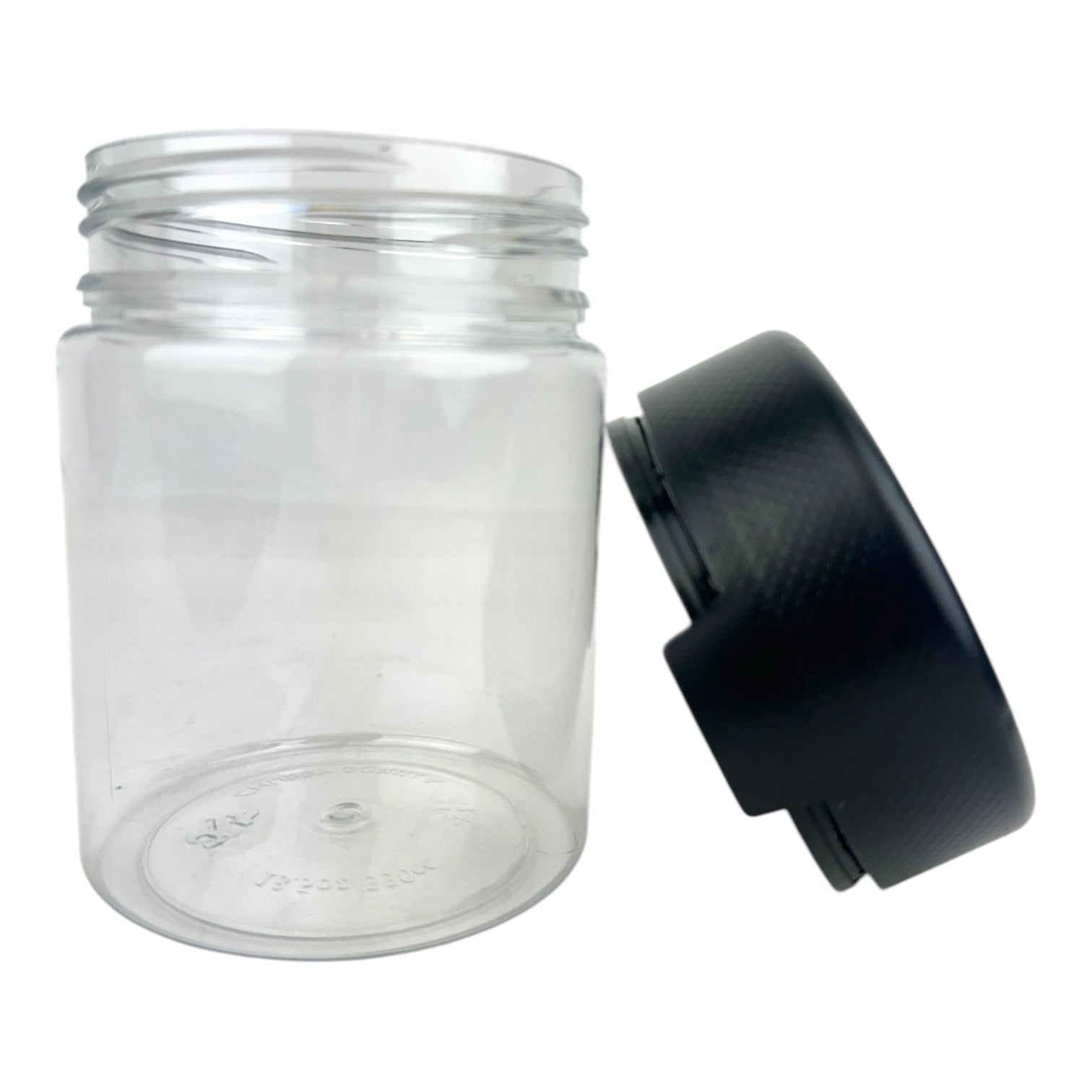 18.5oz Cubby Gorrila Matte Black Round Cap Clear Child Resistant Plastic Jar