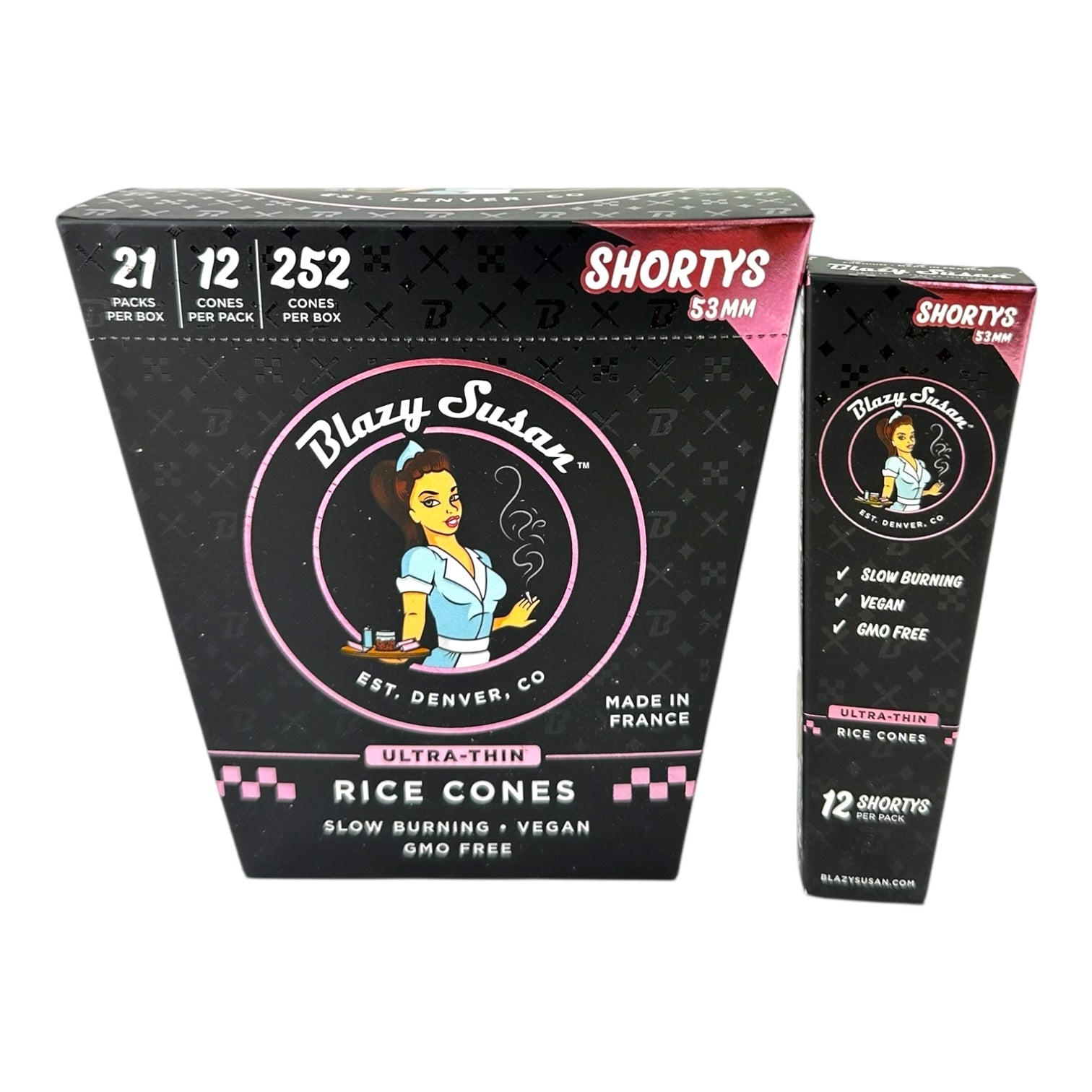 Blazy Susan Ultra Thin Rice Pre Rolled Cones Shortys 53mm  size 12Cones/Pack - 21Pack/Box