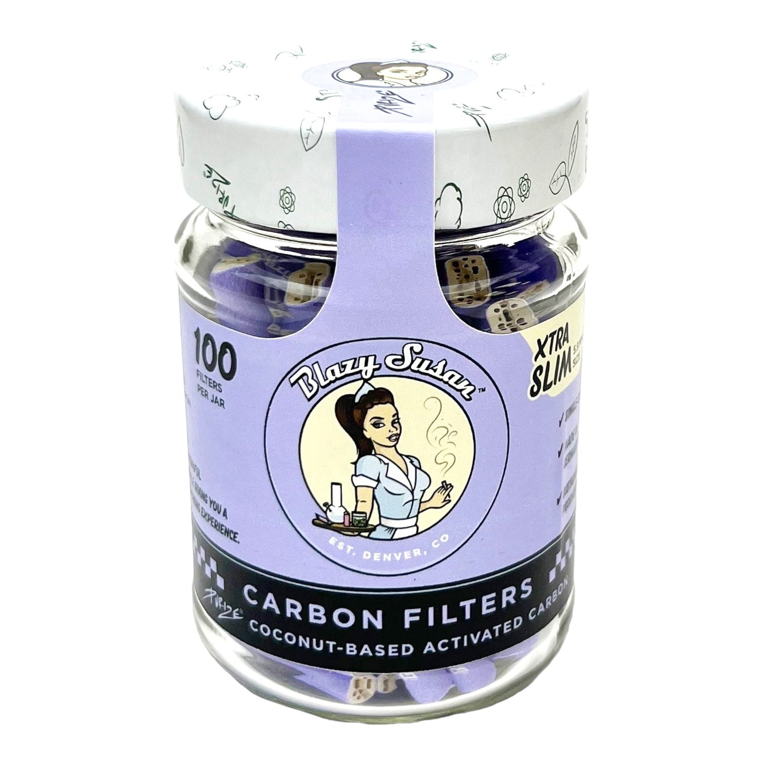 Blazy Susan Carbon Filter Tips Xtra Slim 100ct Jar  |10 Jars / Display | 6 Display / Case