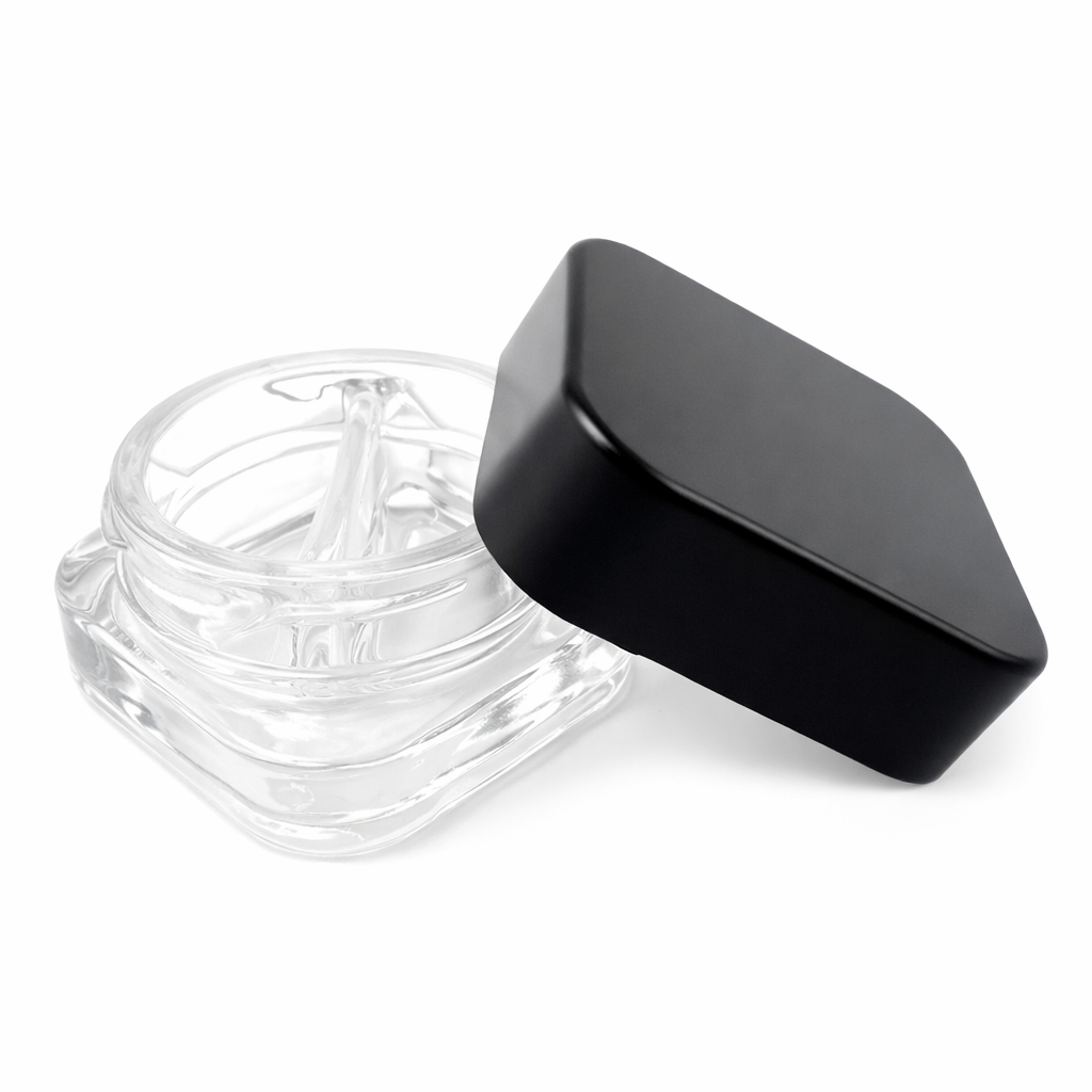 9ml Cube (Qube) Child Resistant Clear Glass Jar with Black Cap - Dual Compartments
