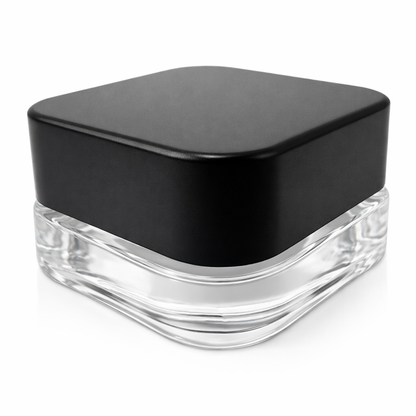 9ml Cube (Qube) Child Resistant Clear Glass Jar with Black Cap - Dual Compartments