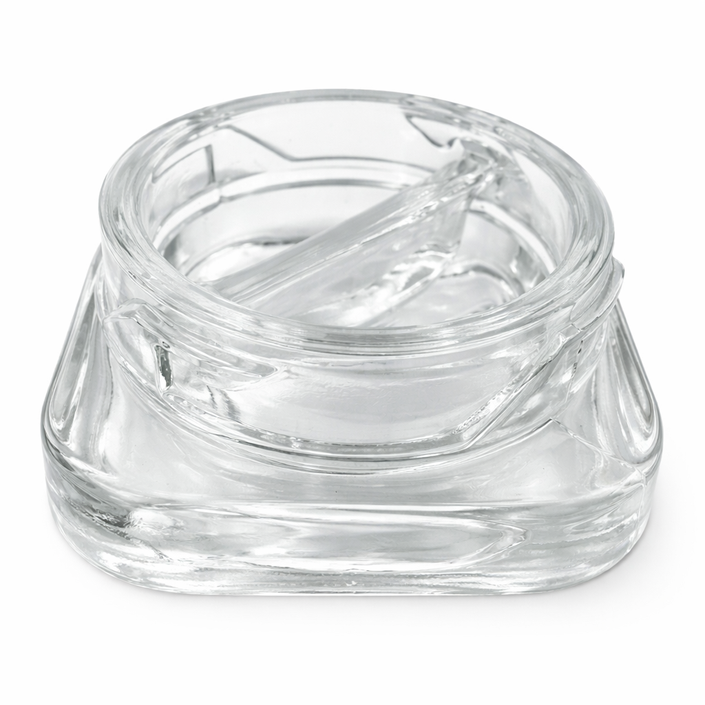 9ml Cube (Qube) Child Resistant Clear Glass Jar with Black Cap - Dual Compartments